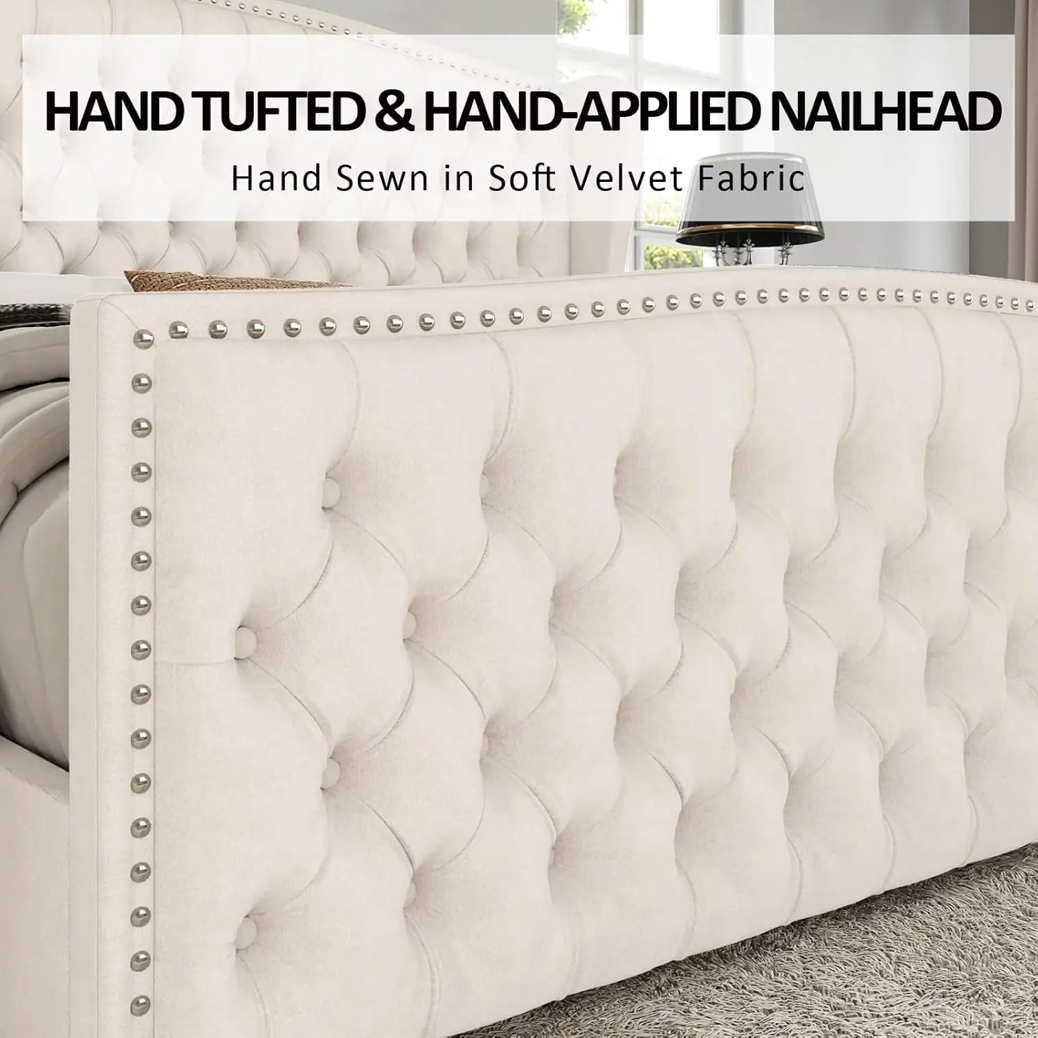 King Size Platform Bed Frame Velvet Upholstered Deep Button Tufted Box