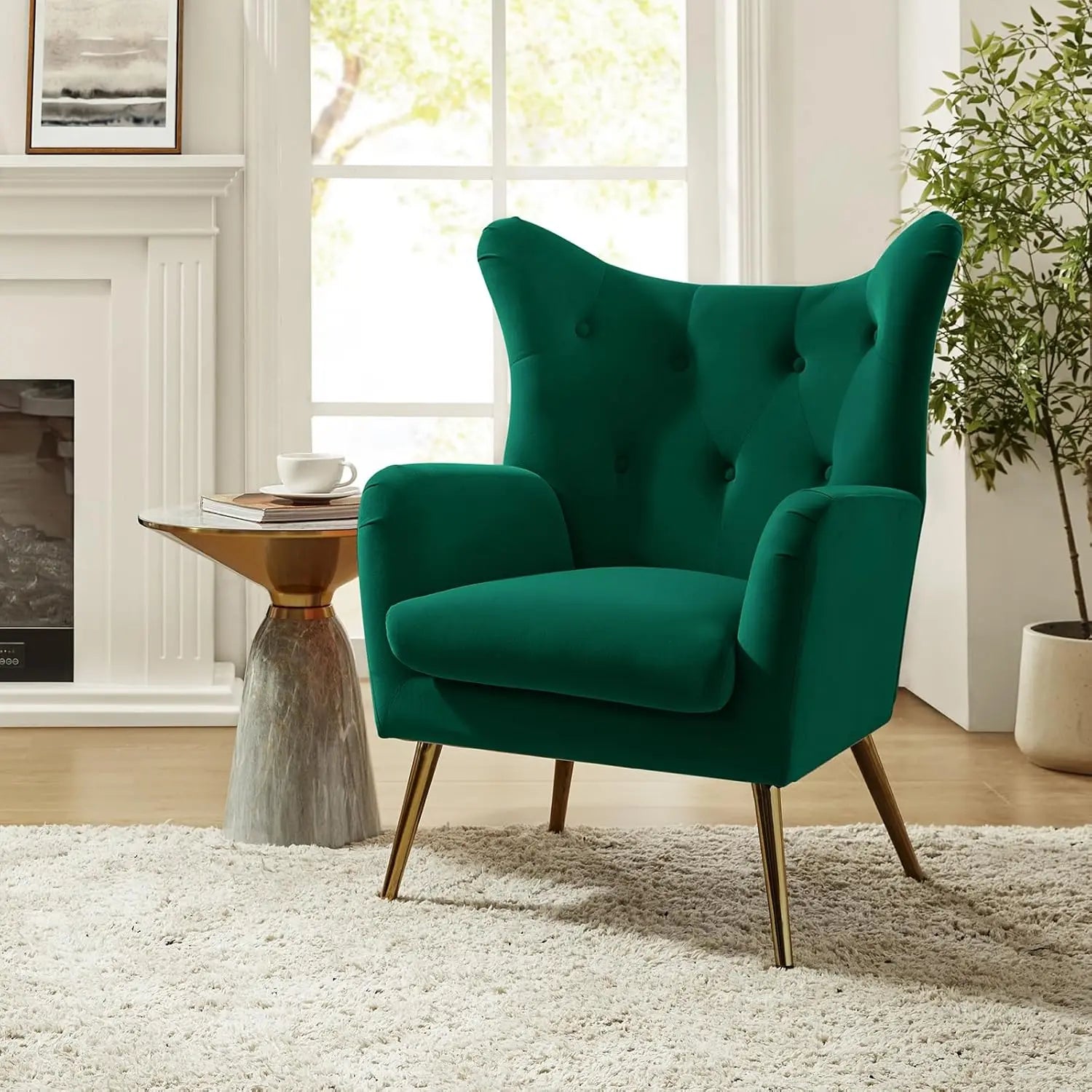 Velvet Accent Chair, Modern Wingback Arm Chair with Metal Gold Legs