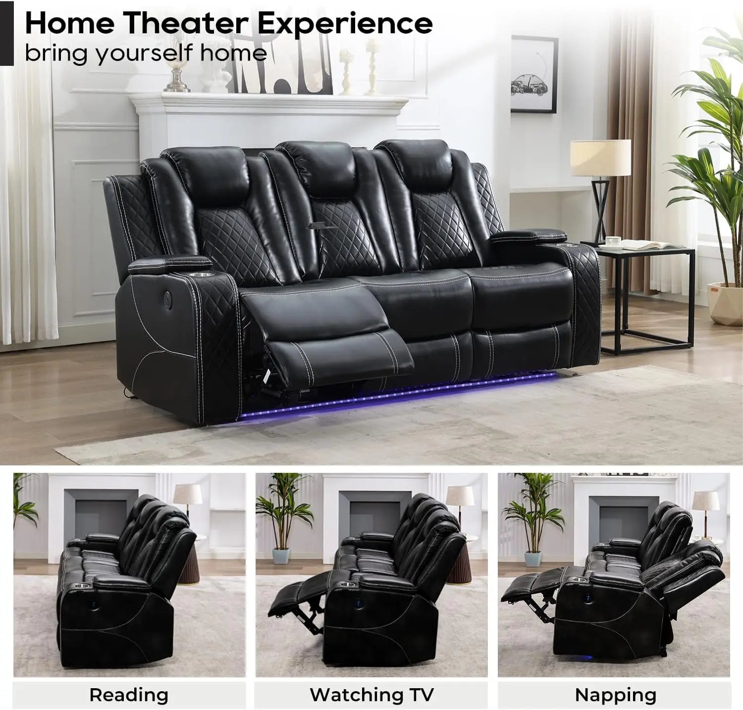 Power Reclining Sofa — Wireless Charging, LED Lights & Drop-Down Table