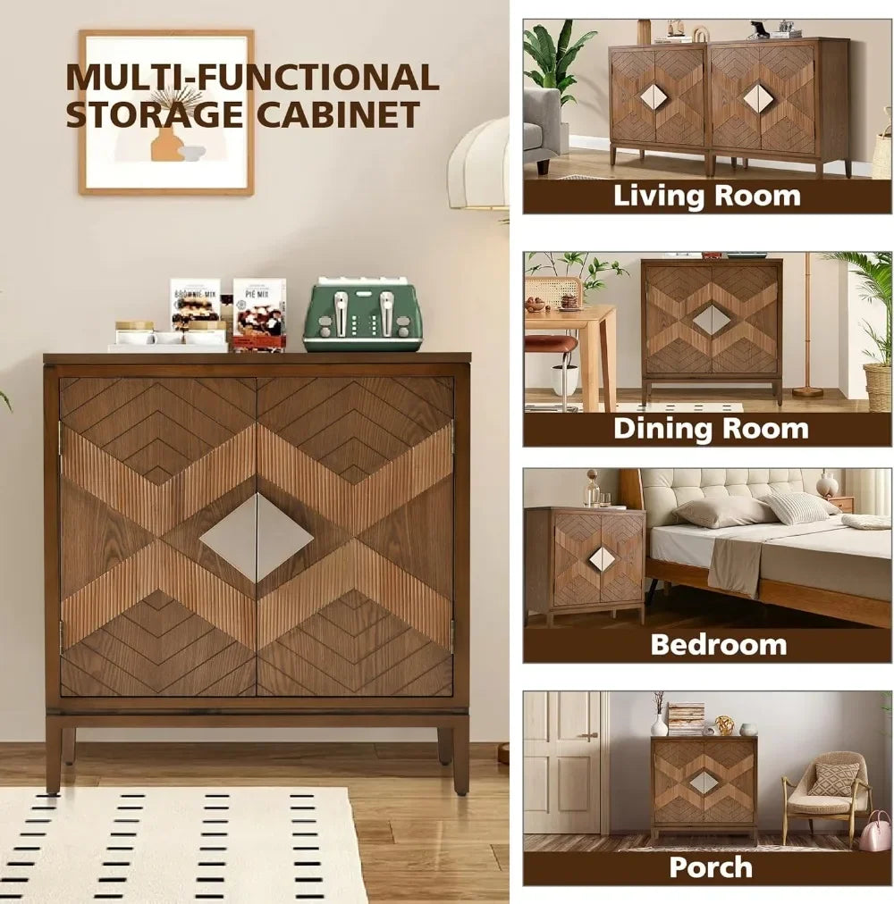 Mid-Century Modern Carved Wood Sideboard Buffet Geometric