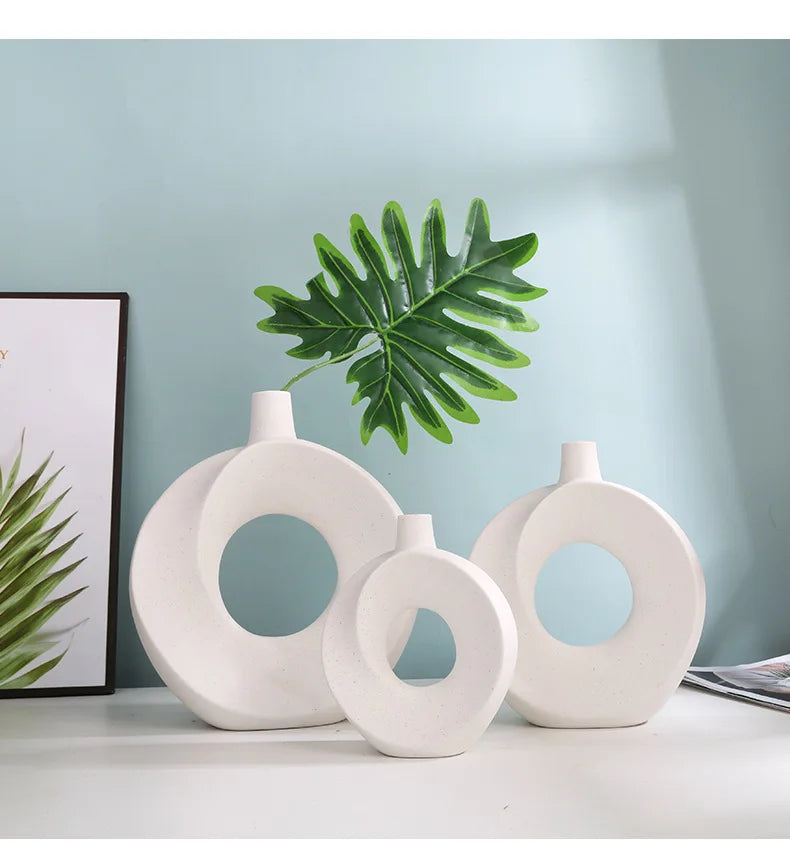 Nordic Ceramic Vase Circular Hollow Donuts Flower Pot Home Living Room