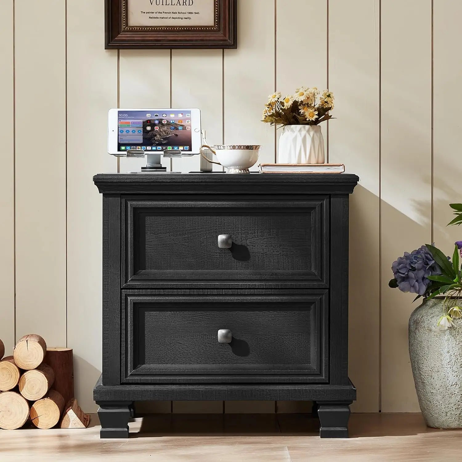Farmhouse Nightstand Set of 2, Rustic Black Nightstands Vintage Wooden