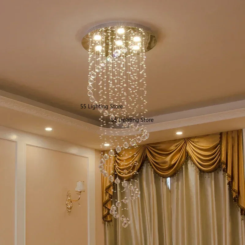 Modern Large K9 Crystal LED Chandeliers for Spiral Living Room Staircase Lamp