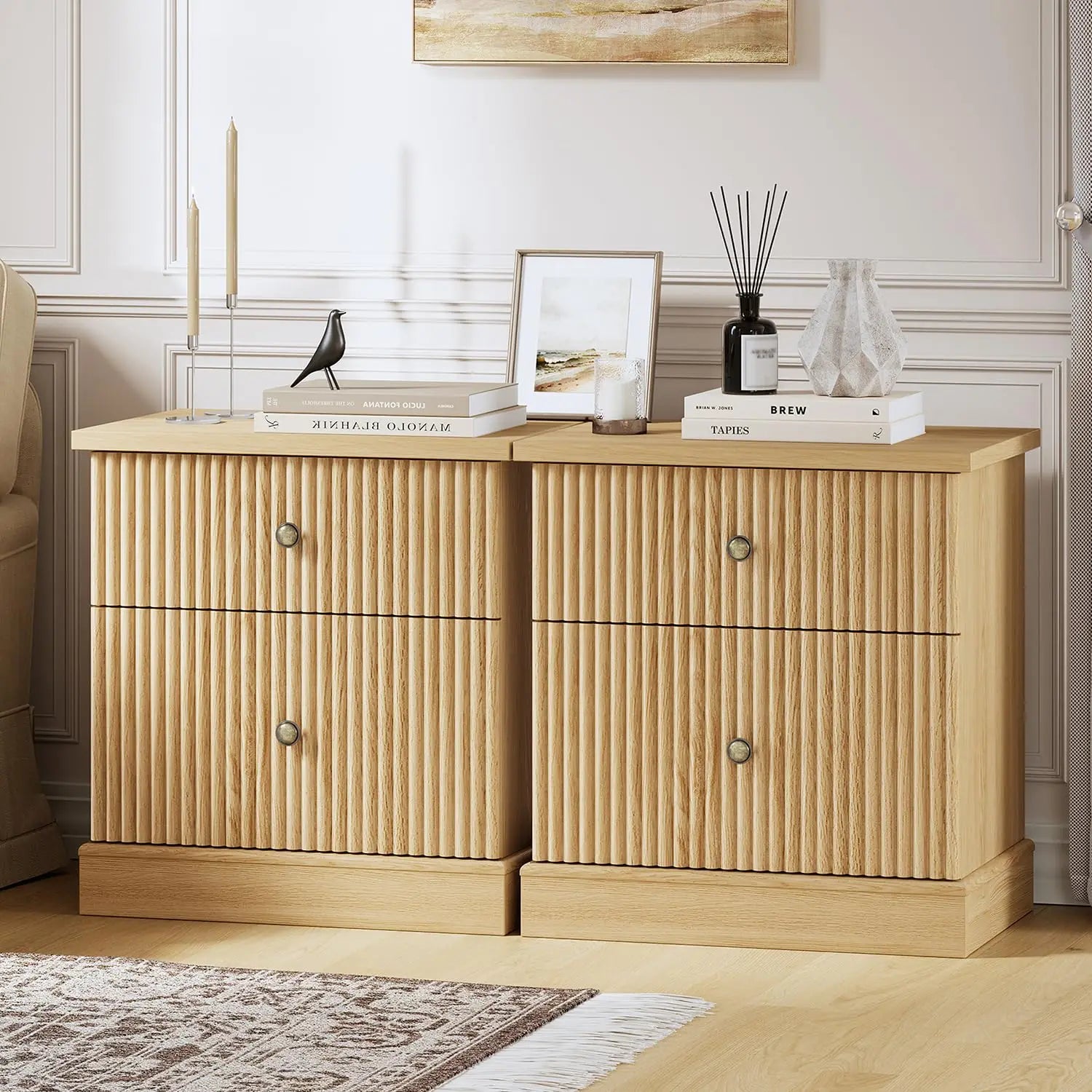 Fluted Nightstand With Drawers, Mid-Century Modern Bedside Table, Slim