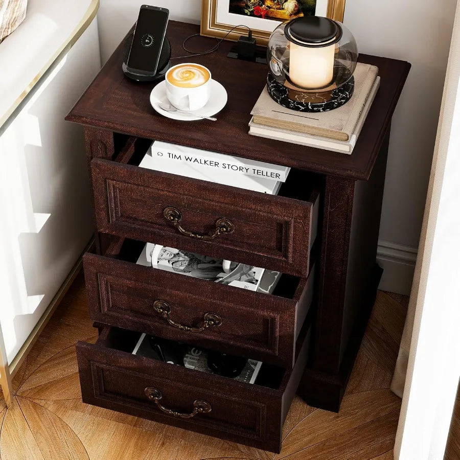 Nightstand with Charging Station Wooden Bedside Table with 3 Drawers for Bedroom