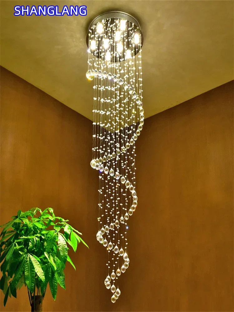 Modern Large K9 Crystal LED Chandeliers for Spiral Living Room Staircase Lamp