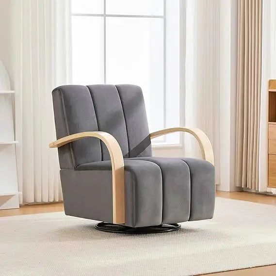Swivel Accent Chair with Solid Wood Armrests and Comfy Channel Tufted