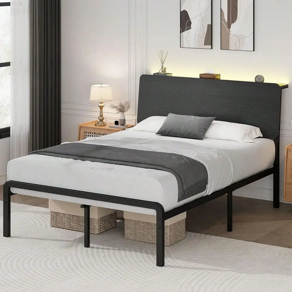 Full Queen Bed Frame With LED Lights, Metal Bed Frame With Wooden Headboard