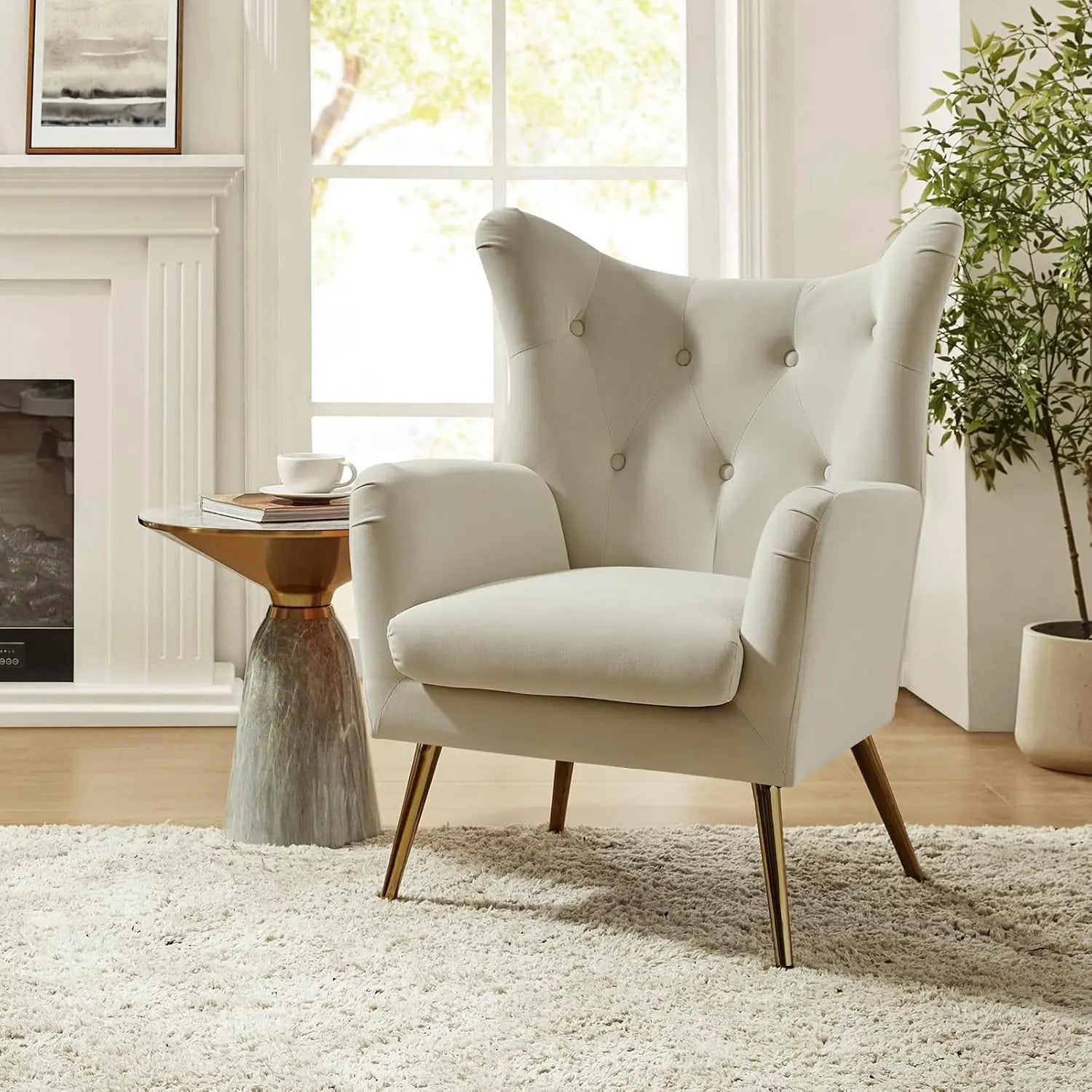 Velvet Accent Chair, Modern Wingback Arm Chair with Metal Gold Legs