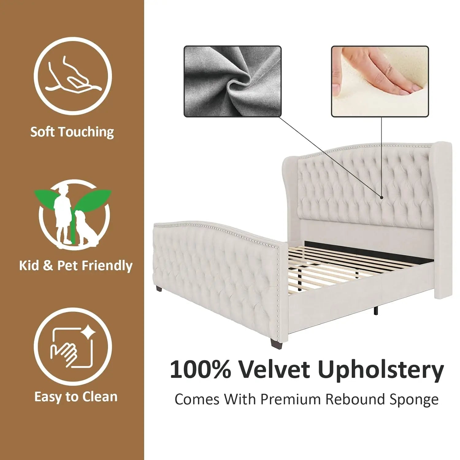 King Size Platform Bed Frame Velvet Upholstered Deep Button Tufted Box