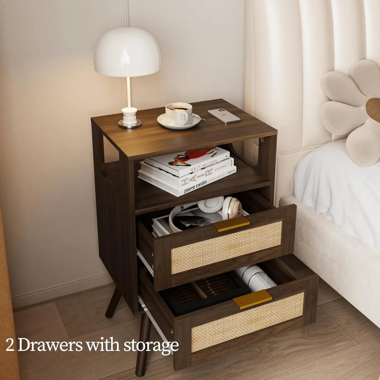 Farmhouse Nightstand with 2 Drawers and Open Shelf Bedroom Storage