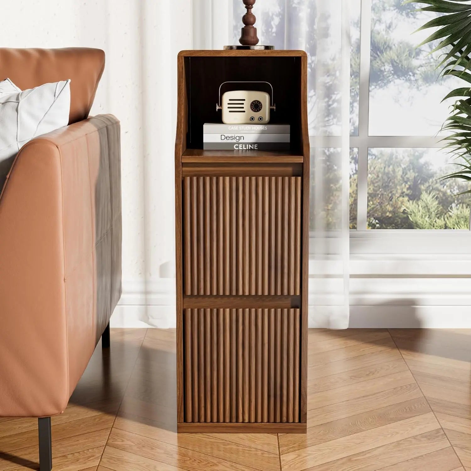 Fluted Narrow Nightstand Set Of 2, Skinny Bedside Table With 2 Drawers