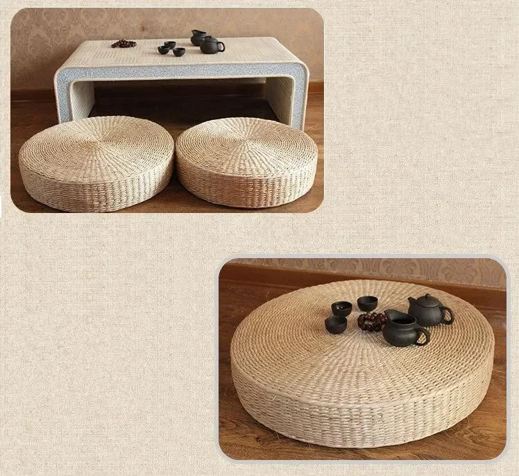 Handmade Woven Natural Straw Round Pouf Tatami Cushion Floor Cushion Home