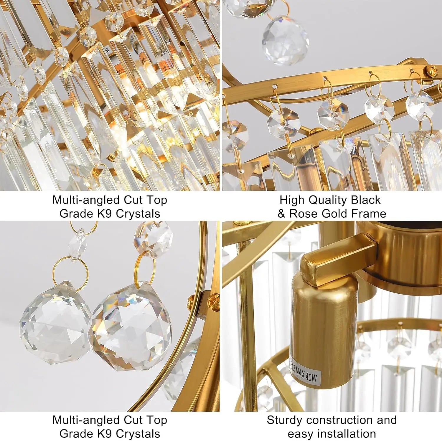 Luxury Gold Crystal Ceiling Light, Round Dimmable Semi-Flush Mount Modern