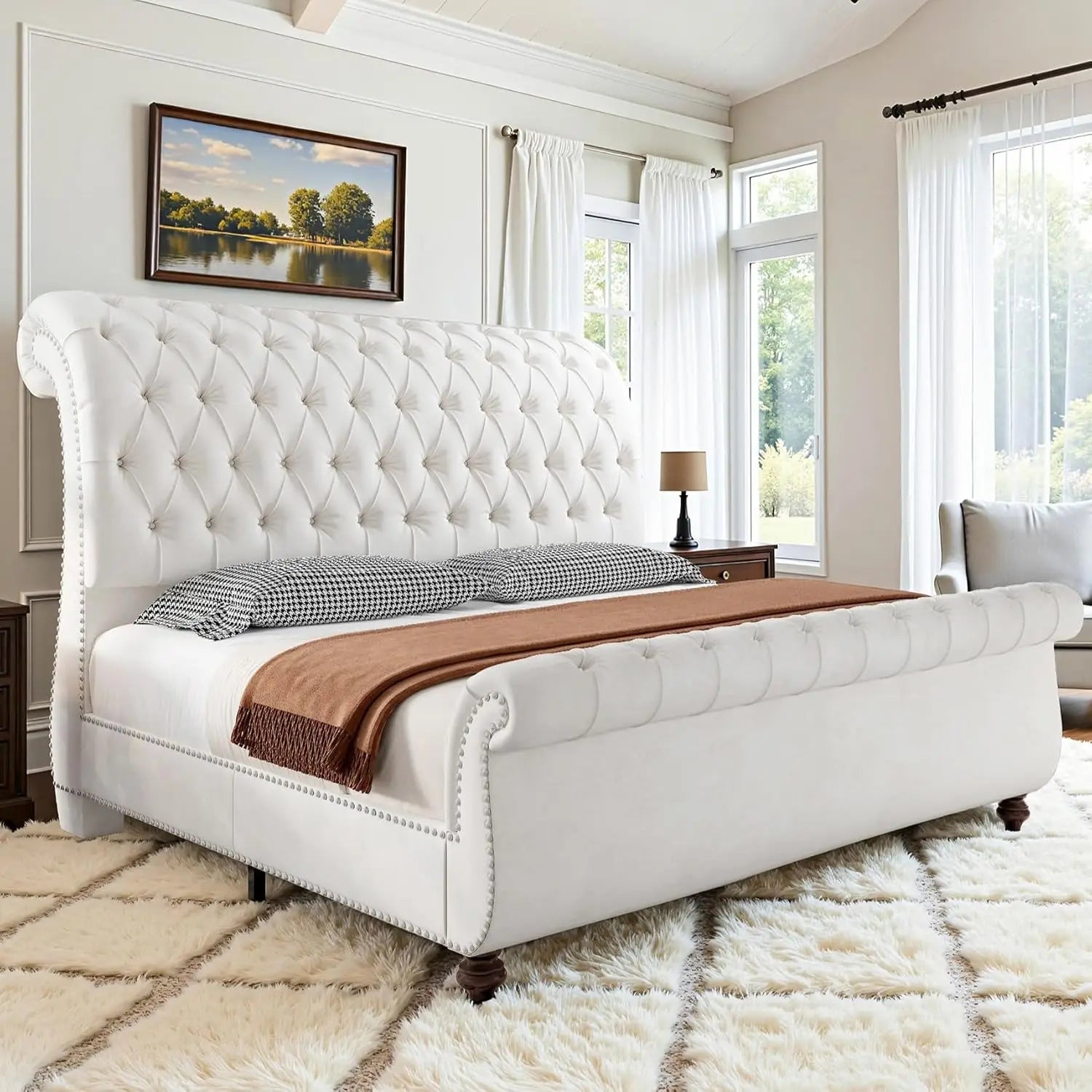 Velvet Sleigh Bed Frame — Queen, Scroll Headboard & Footboard