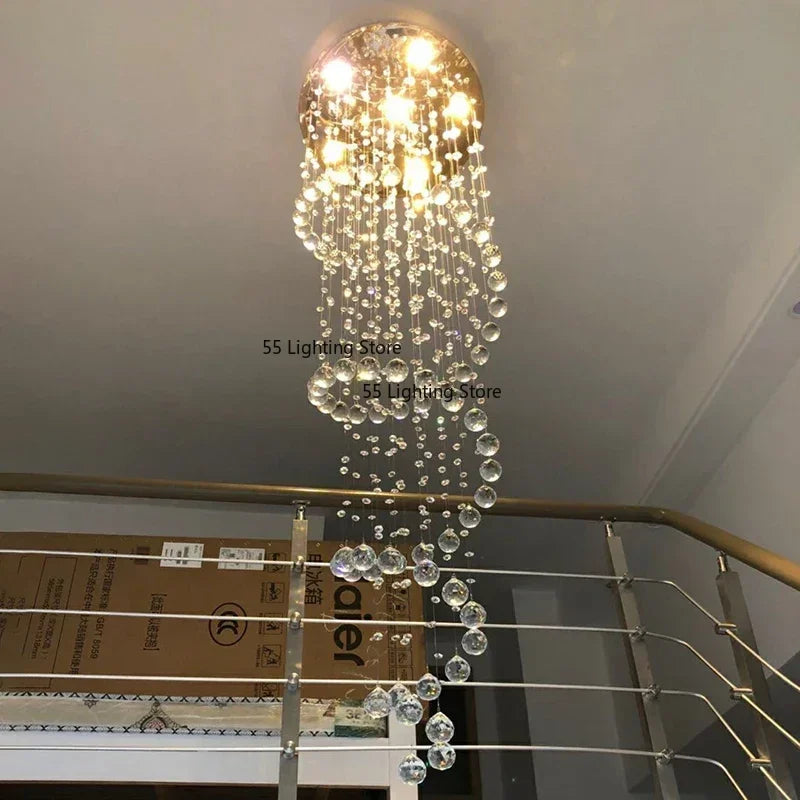 Modern Large K9 Crystal LED Chandeliers for Spiral Living Room Staircase Lamp