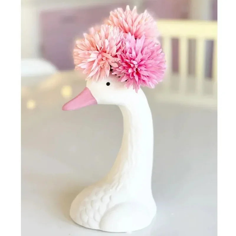 Nordic Girl Pink and White Swan Ceramic Vase Decoration, Creative Pink Goose
