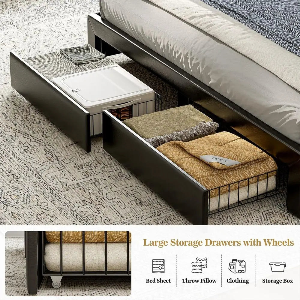 California King Bed with 4 Drawers, Hidden Storage, Upholstered Platform