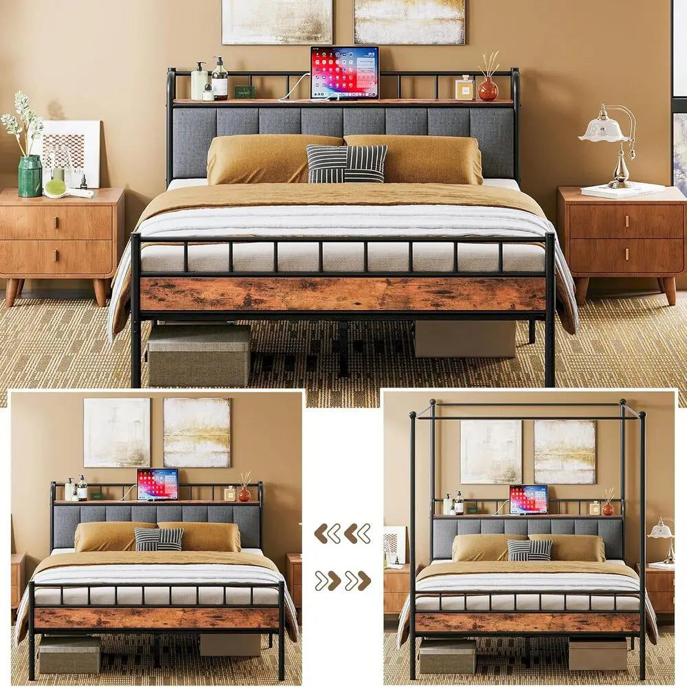 Upholstered Bed Frame — Black & Brown, Full, Queen & King
