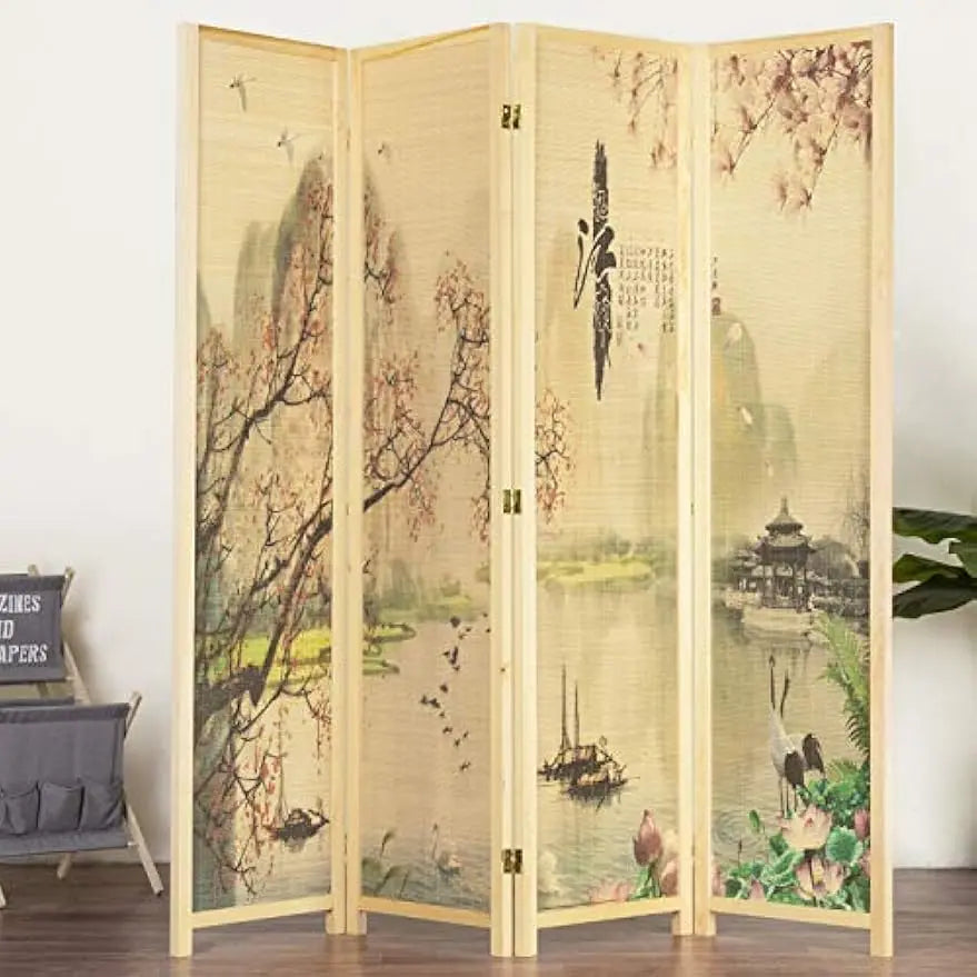 6FT Folding Bamboo Room Divider with Cherry Blossom Scene, Beige Wood Frame