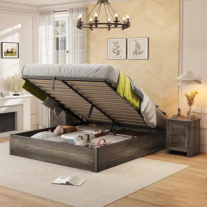 Queen Lift-Up Storage Bed — Wooden Platform with Under-Bed Storage