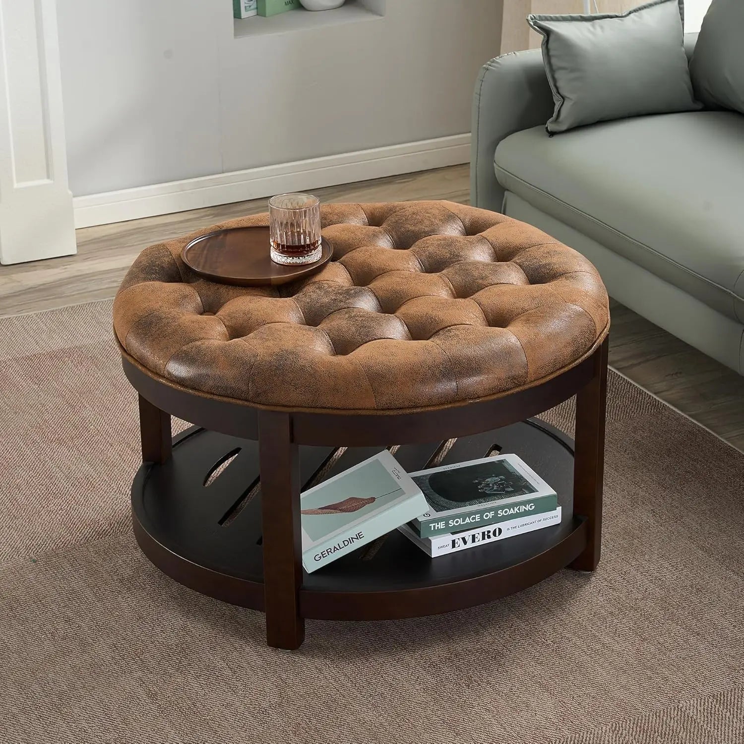Large Round Ottoman Coffee Table with Storage, Upholstered Button Tufted