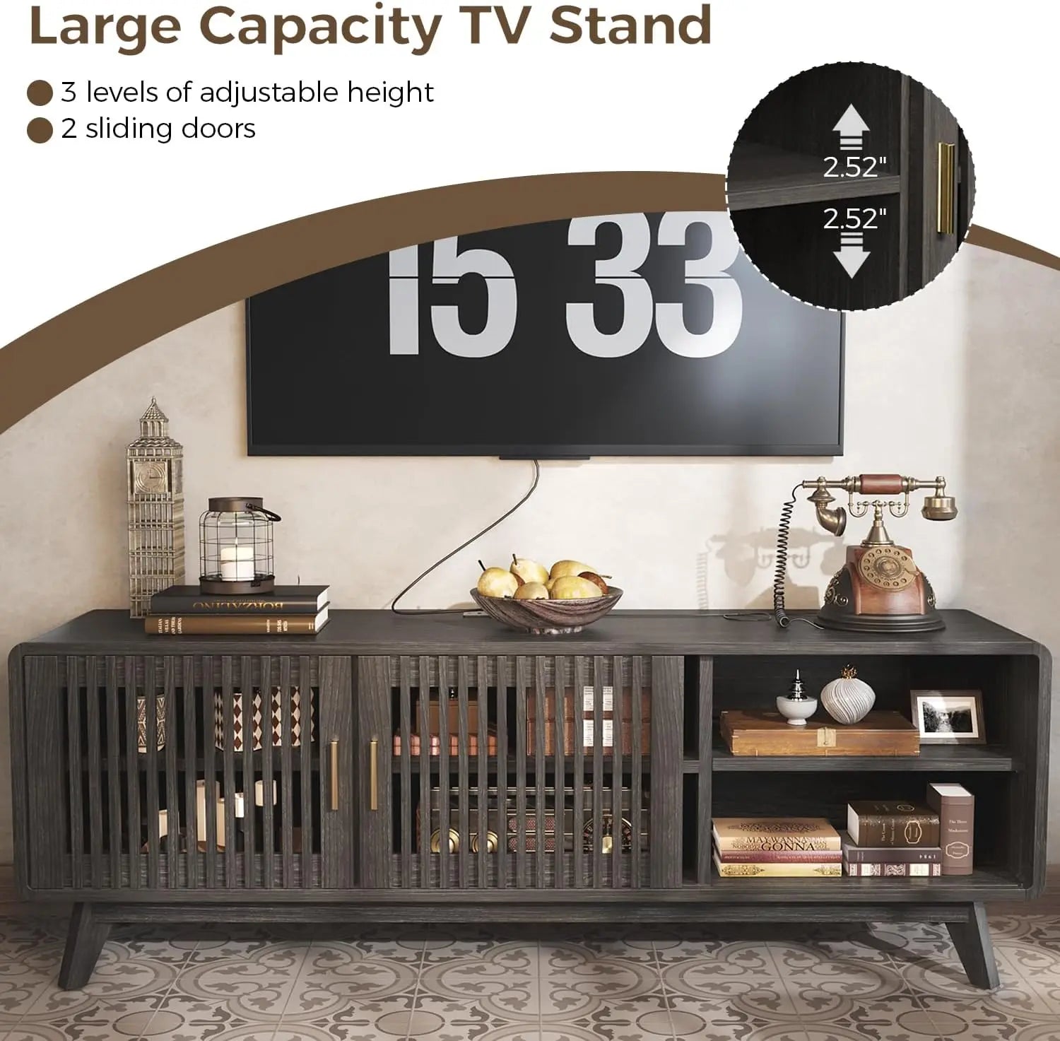 TV Console with 2 Sliding Doors in Grille Design & Charging Station, for Living
