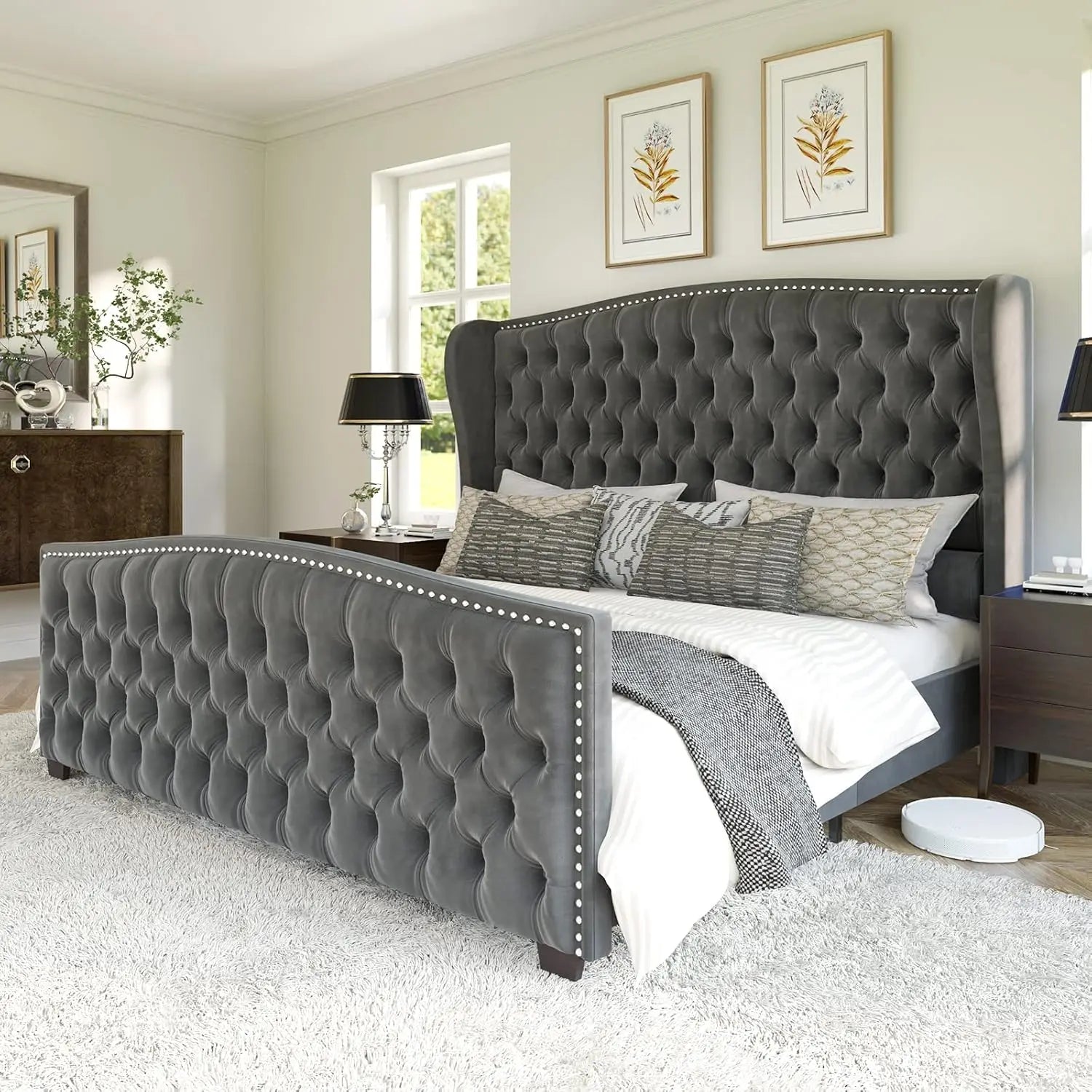 King Size Platform Bed Frame Velvet Upholstered Deep Button Tufted Box