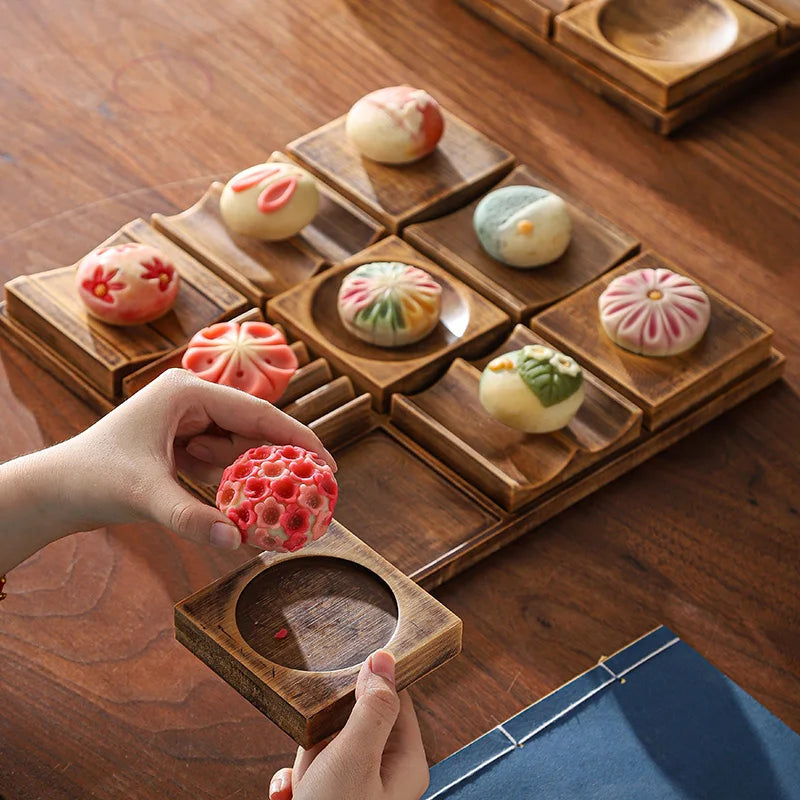 Wooden Snack Tray 9-Compartment Dessert Platter Specialty Plates Set