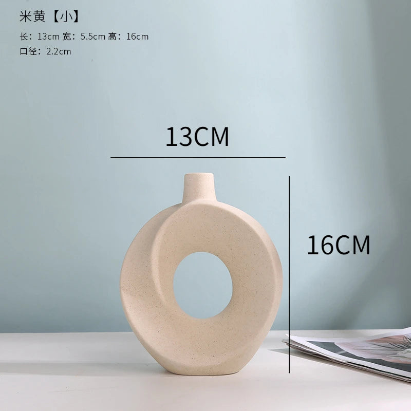 Nordic Ceramic Vase Circular Hollow Donuts Flower Pot Home Living Room