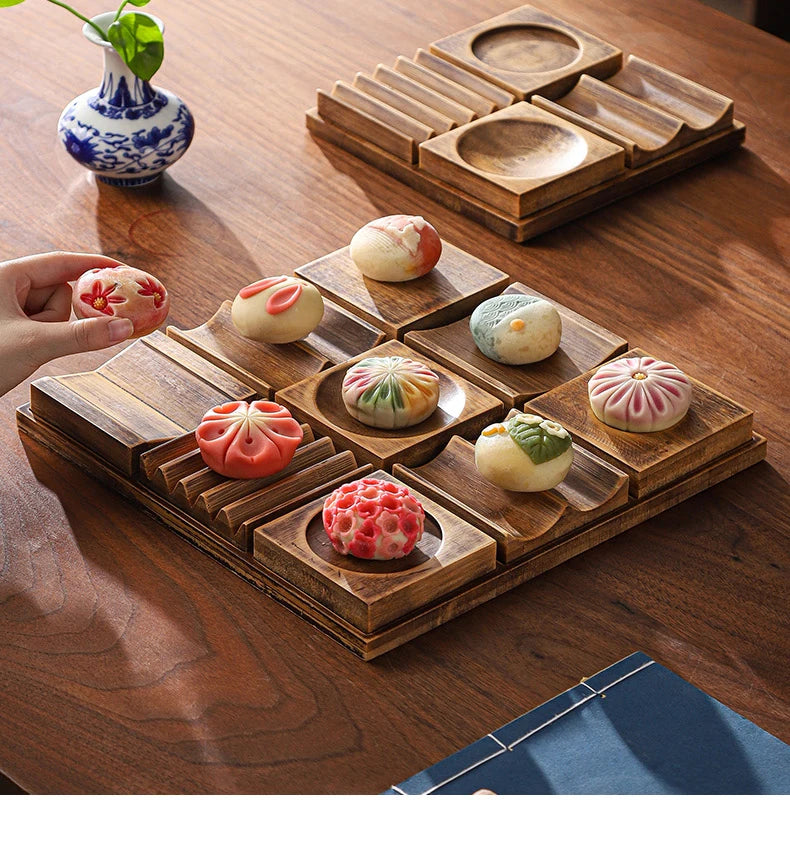 Wooden Snack Tray 9-Compartment Dessert Platter Specialty Plates Set
