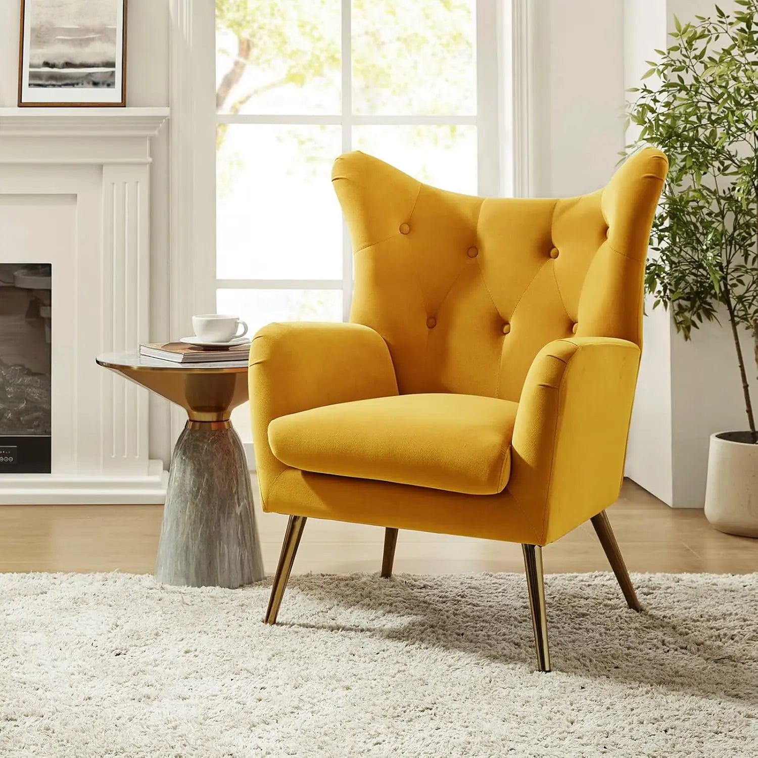 Velvet Accent Chair, Modern Wingback Arm Chair with Metal Gold Legs
