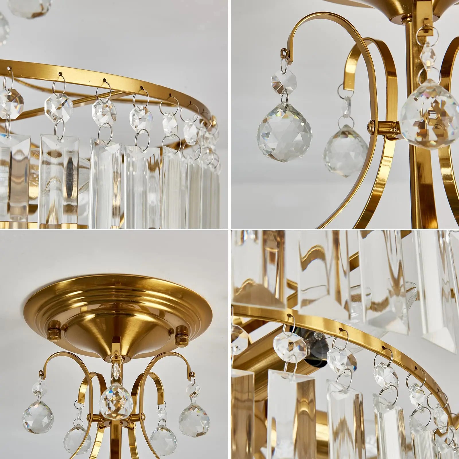 Luxury Gold Crystal Ceiling Light, Round Dimmable Semi-Flush Mount Modern