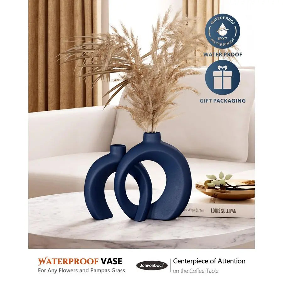 Vase Set of 2 Donut Navy Vases Home Decor, Modern Coastal Decor Decorative