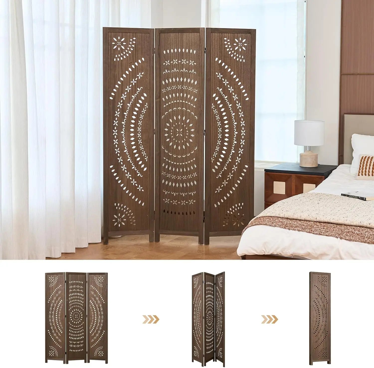 3-Panel Wood Carved Folding Room Divider, Freestanding Privacy Screen