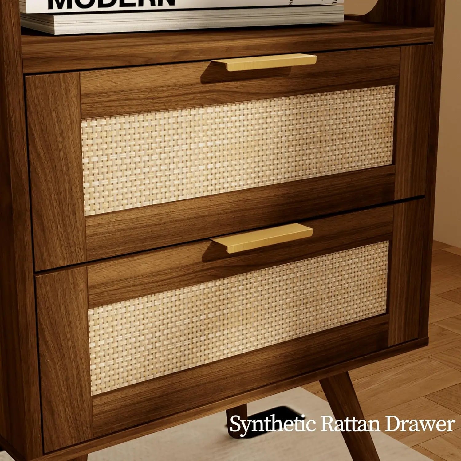 Farmhouse Nightstand with 2 Drawers and Open Shelf Bedroom Storage