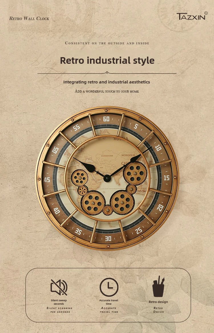 Retro Rotating Gear Wall Clock Home Decorative Wall Clock Stylish Silent
