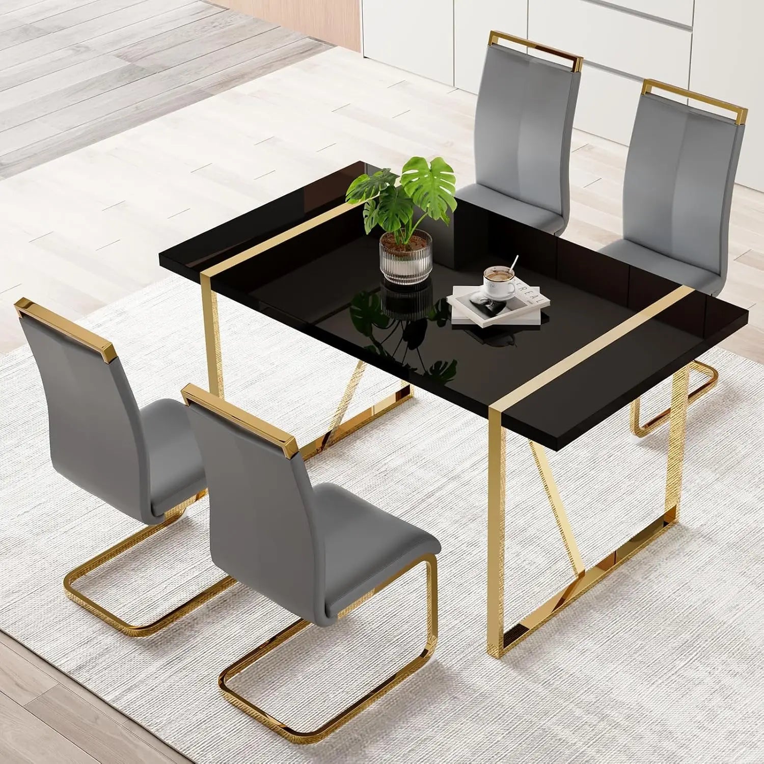 Dining Table Set for 4，White Rectangular Kitchen Table and Leather Dining Chairs