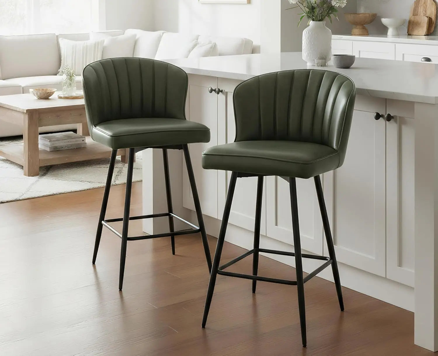 Counter Height Bar Stools Set of 2, Modern Leather Upholstered with Metal