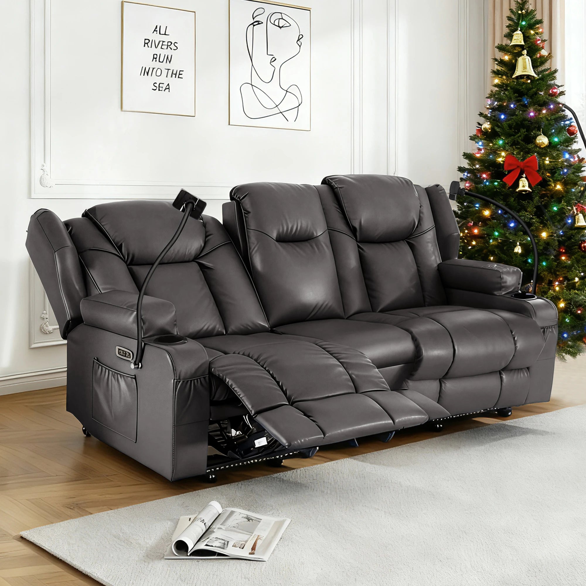 Power Loveseat Recliner with Massage & Heat — Dual Motor, Cat-Claw Leather