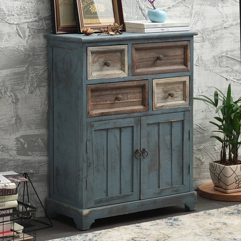 ‌Distressed Mediterranean Sideboard‌ Mortise-Tenon Solid Wood Storage