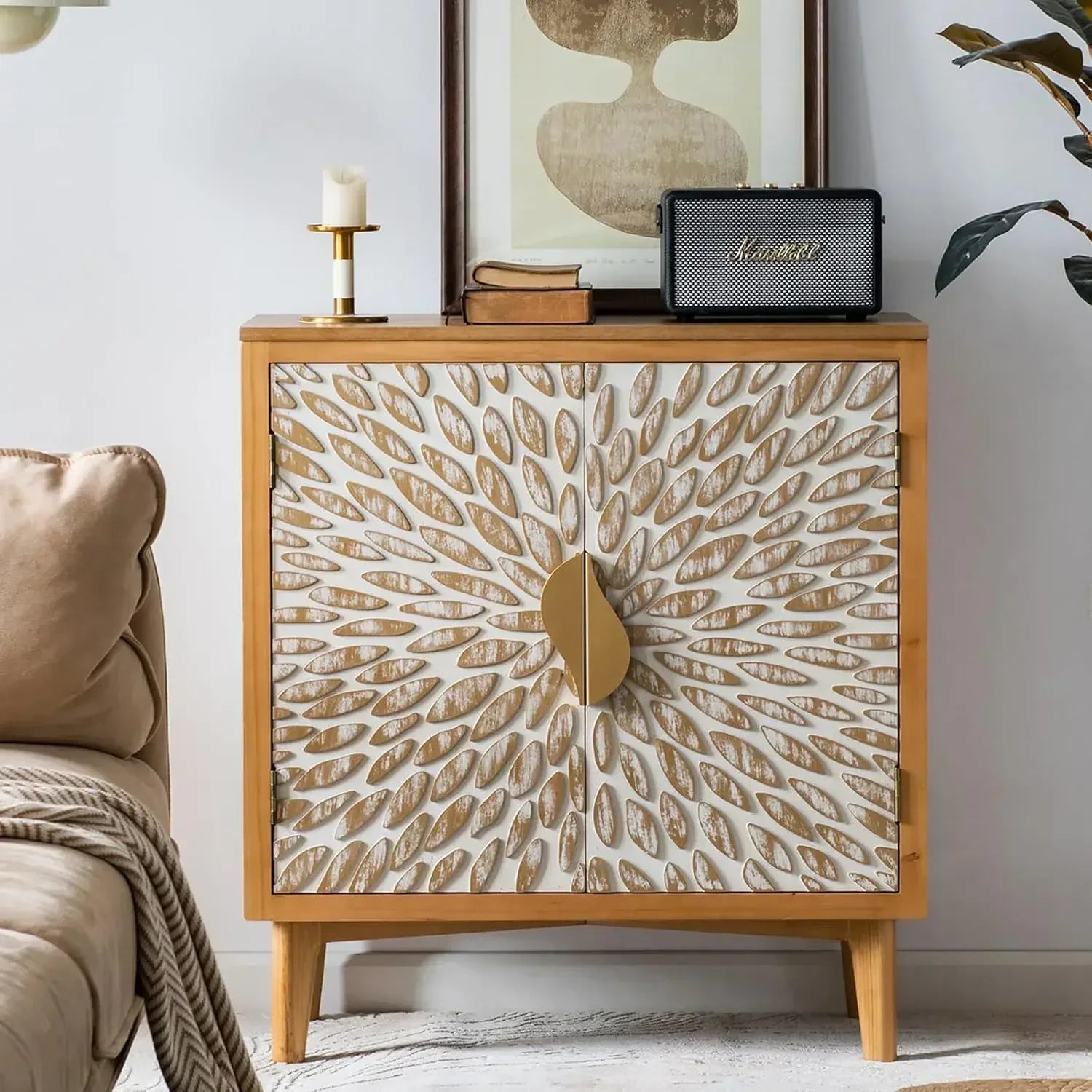 Mid-Century Modern Carved Wood Sideboard Buffet Geometric