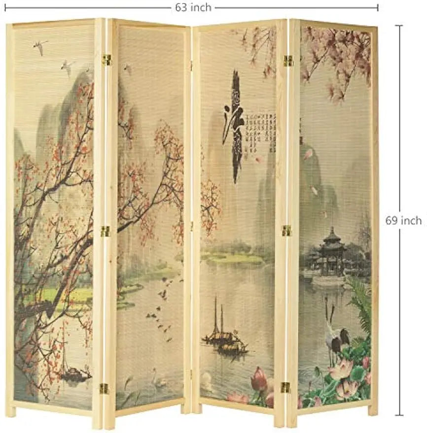6FT Folding Bamboo Room Divider with Cherry Blossom Scene, Beige Wood Frame