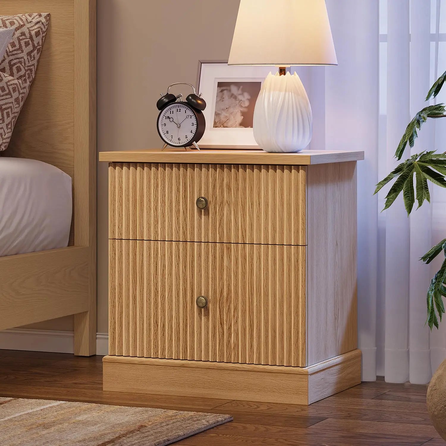 Fluted Nightstand With Drawers, Mid-Century Modern Bedside Table, Slim
