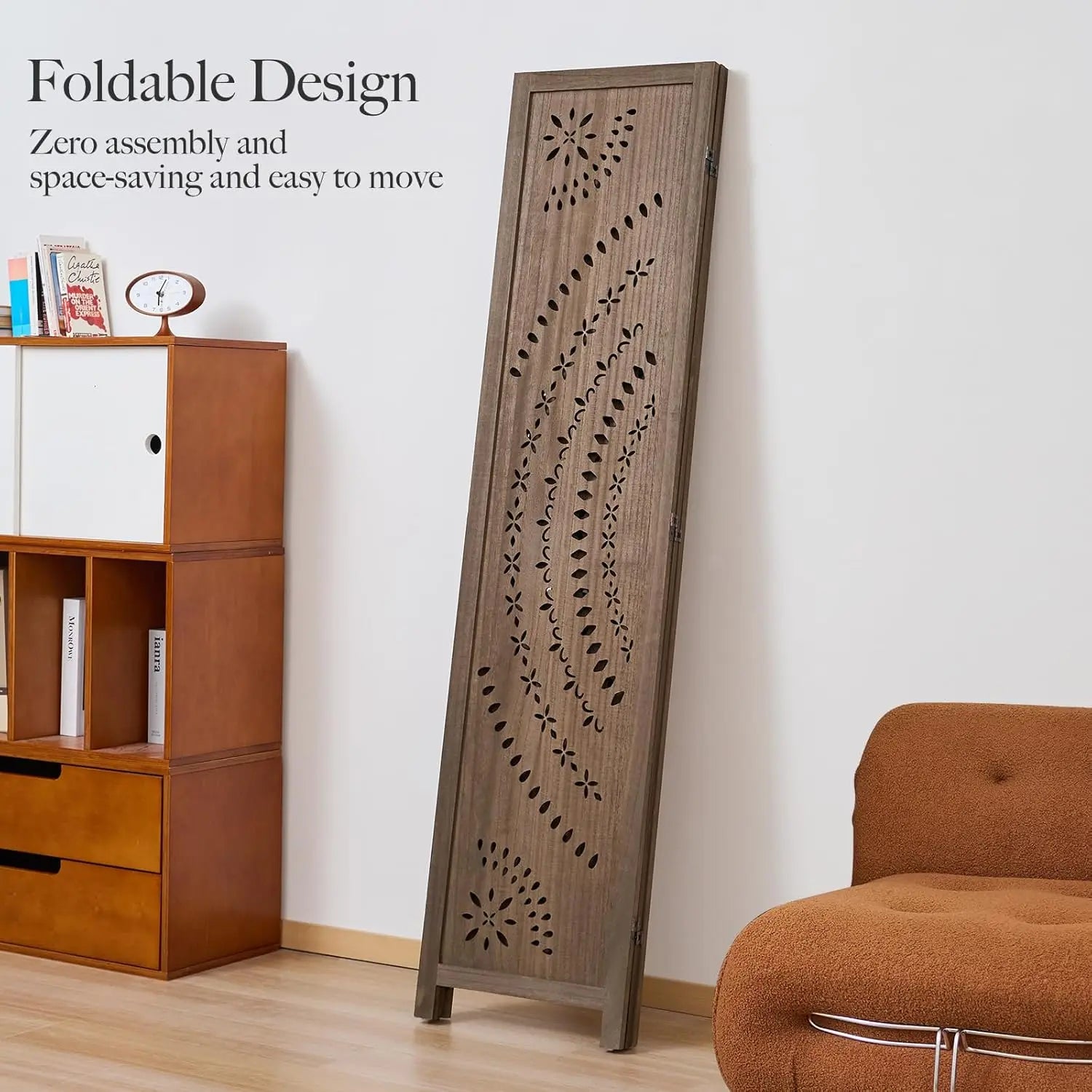 3-Panel Wood Carved Folding Room Divider, Freestanding Privacy Screen