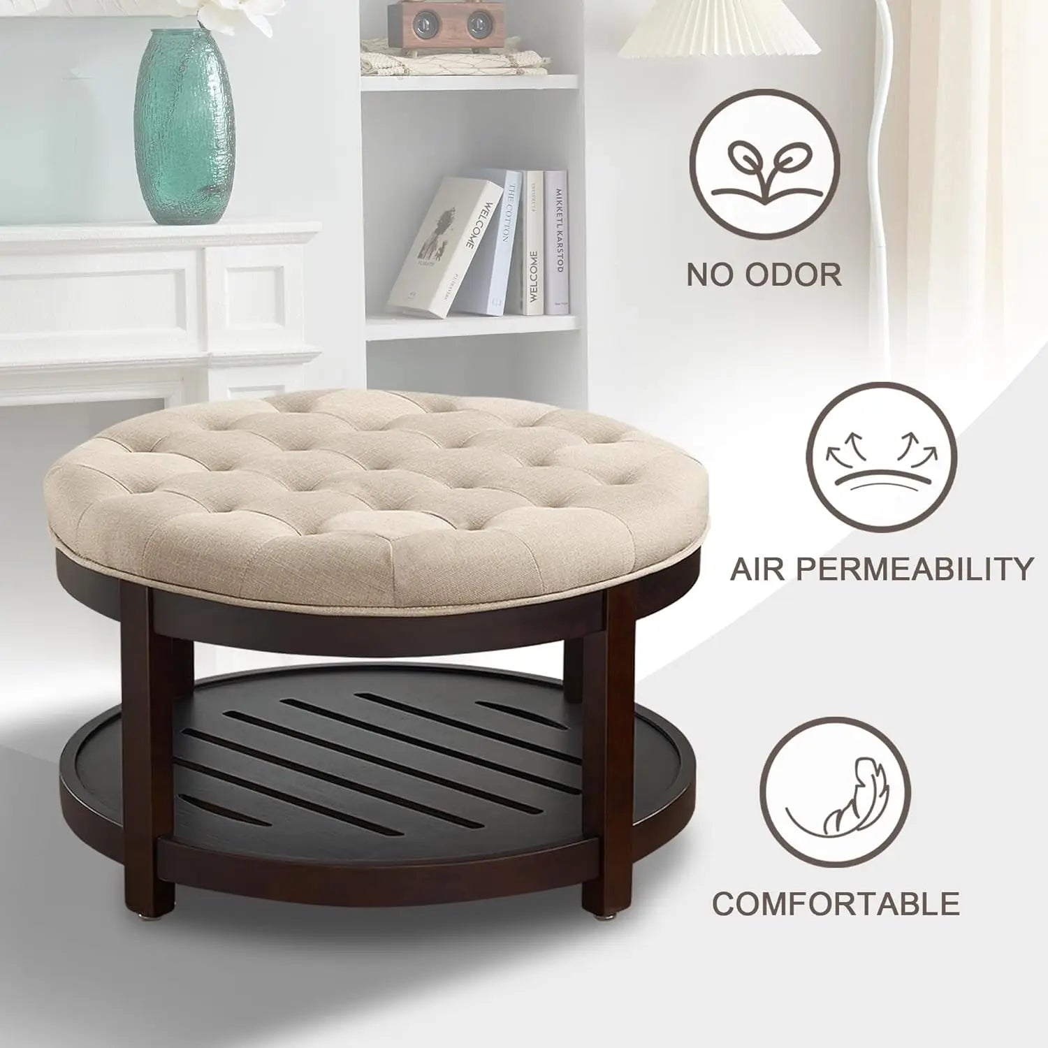 Large Round Ottoman Coffee Table with Storage, Upholstered Button Tufted