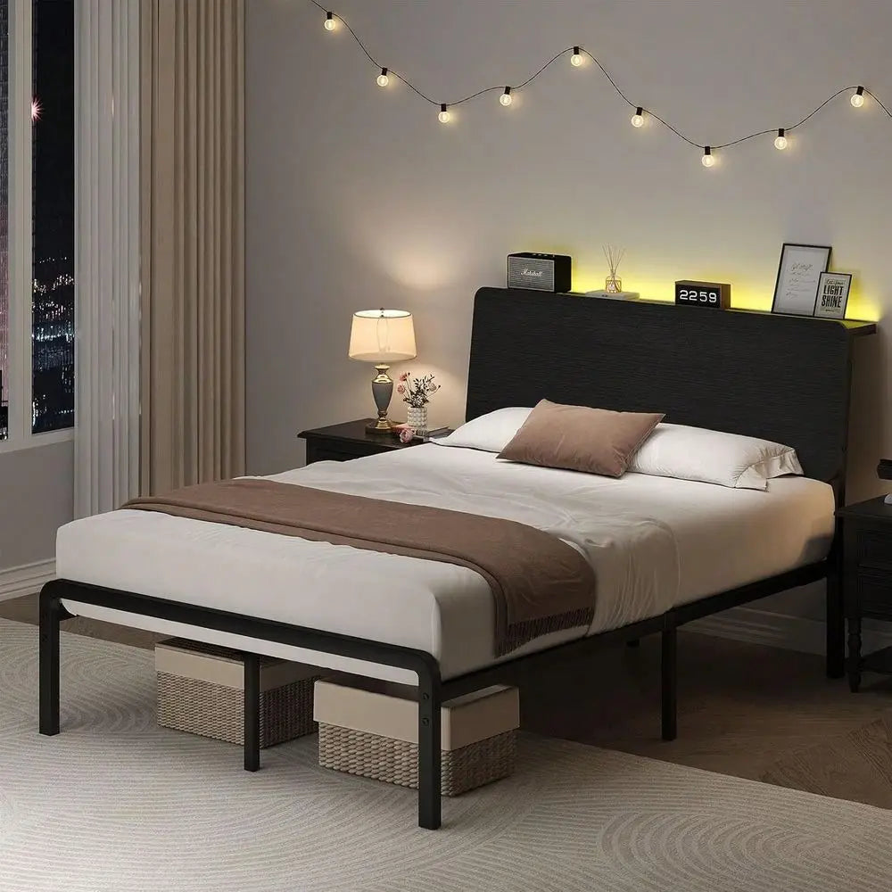 Full Queen Bed Frame With LED Lights, Metal Bed Frame With Wooden Headboard