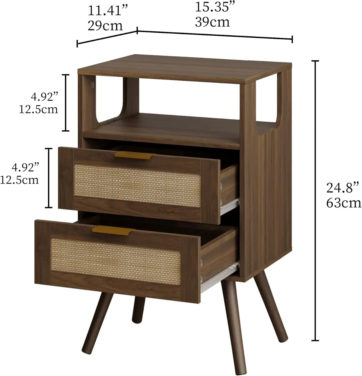 Farmhouse Nightstand with 2 Drawers and Open Shelf Bedroom Storage