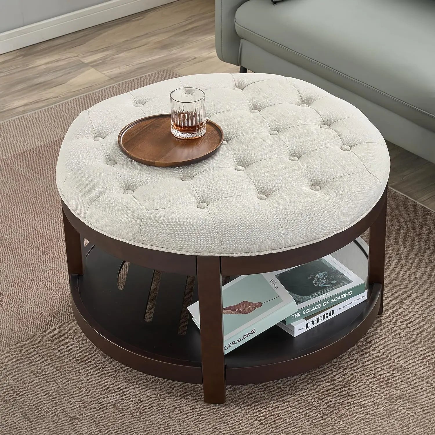 Large Round Ottoman Coffee Table with Storage, Upholstered Button Tufted