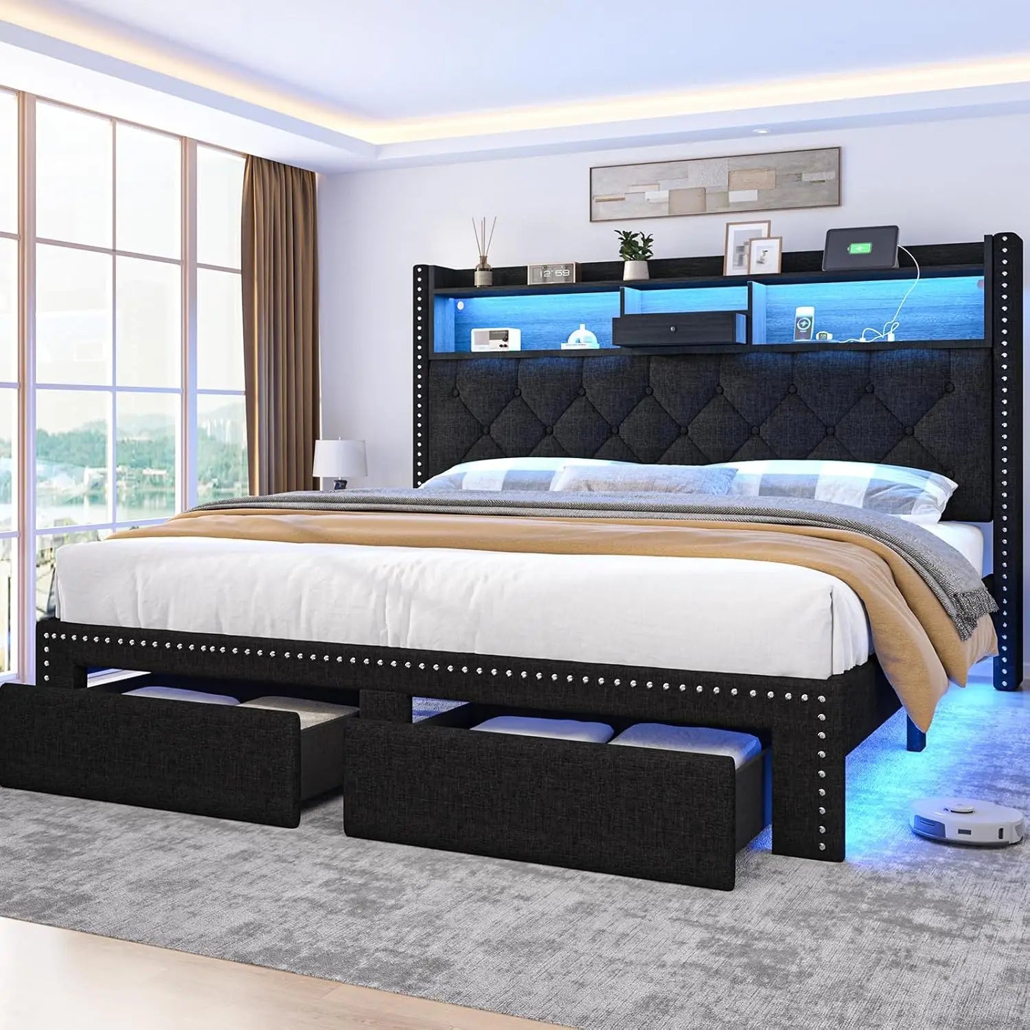 Linen Full Size Bed Frame with 2-Tier Storage Headboard and Charging Station, Upholstered Platform Bed Frames with, Customized